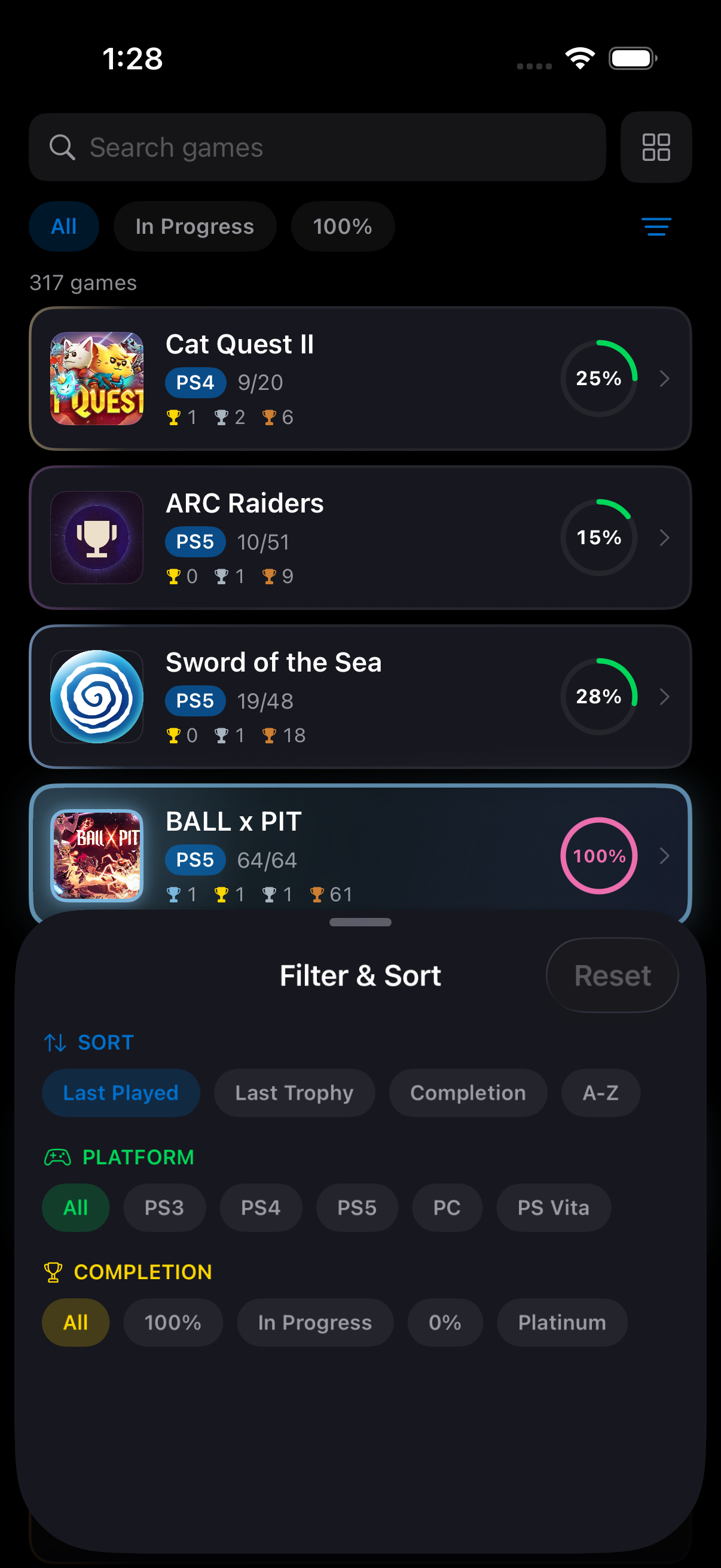 PSN GO game list filters